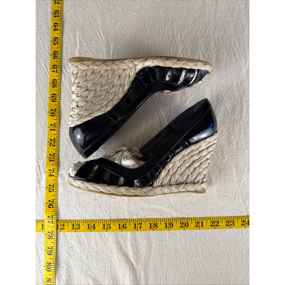 Stuart Weitzman Wedge Sandals Womens 6.5 Black Patent Espadrille Caged Peep Toe - Picture 5 of 11